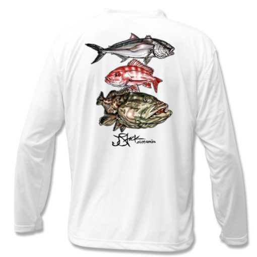 Offshore Slam Microfiber Back: White long sleeve with color illustrations of Amberjack, Red Snapper, and Grouper