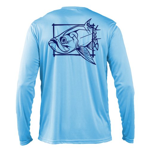 Tarpon on the Brain Microfiber Back: Arctic Blue long sleeve shirt with navy tarpon illustration.
