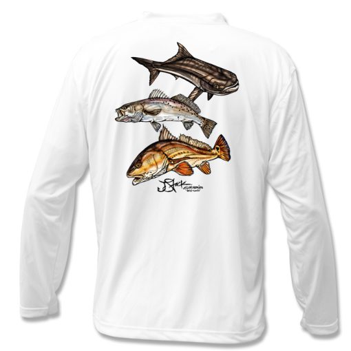 North Florida Slam Microfiber Back: White long sleeve with color illustrations of cobia, trout, and redfish.