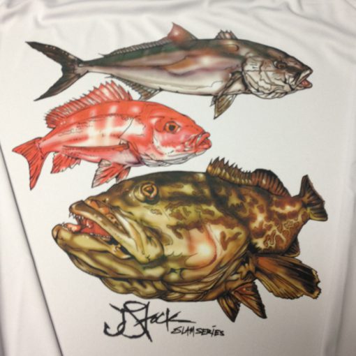 Offshore Slam Microfiber Back: White Shirt with color illustrations of Amberjack, Red Snapper, and Grouper