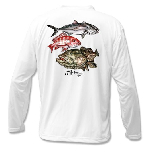 Offshore Slam Microfiber Back: White Shirt with color illustrations of Amberjack, Red Snapper, and Grouper