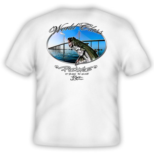 Poonage Shirt Back: White shirt with type “world class poonage” around oval photo of tarpon jumping for baitfish in from of skyway bridge.