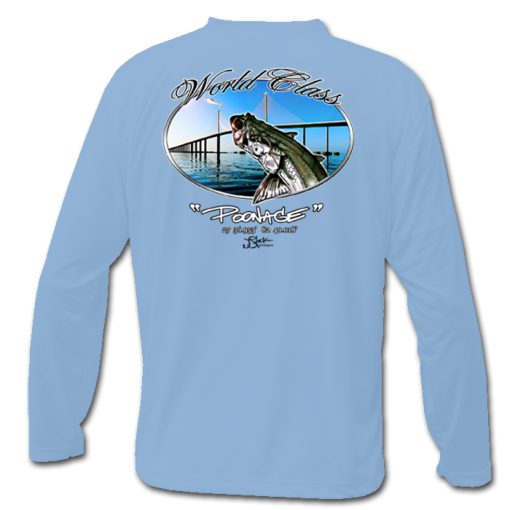 Poonage Microfiber Back: Blue long sleeve with type “world class poonage” around oval photo of tarpon jumping for baitfish in from of skyway bridge.