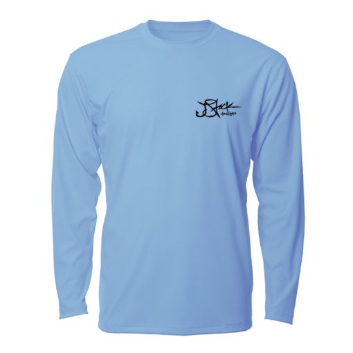 Microfiber Front: Blue long sleeve with black JStock designs logo left chest