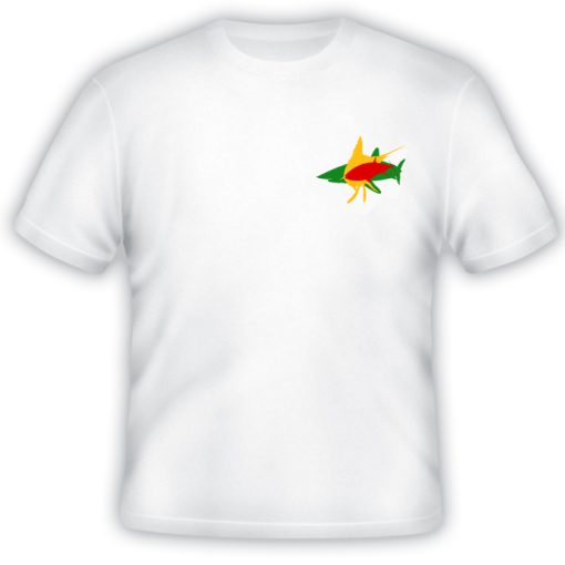 Pura Vida Shirt Front: White shirt with red tuna, yellow sailfish, and green mako on left chest