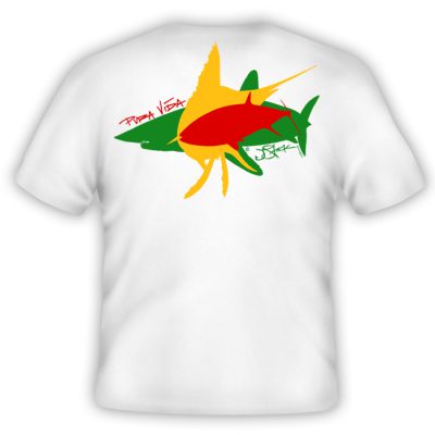 Pura Vida Shirt Back: White shirt with red tuna, yellow sailfish, and green mako