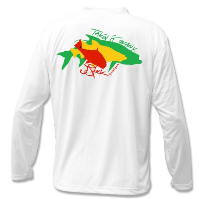 Takin it Easy Microfiber Back: white long sleeve with overlapping redfish silhouette in red, snook silhouette in yellow, and tarpon silhouette in green