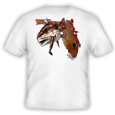 Redfish Republic Back: White shirt with handwritten redfish republic in red, redfish with DOA lure in mouth, and florida state shape filled with redfish scales and spot.
