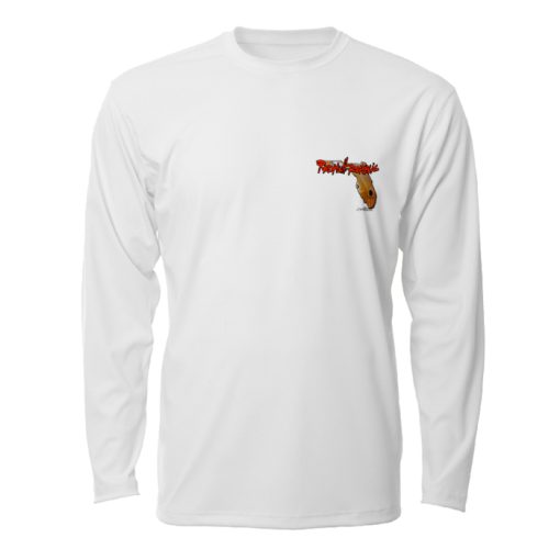Redfish Republic Microfiber Front: White shirt with left chest design of handwritten redfish republic in red and florida state shape filled with redfish scales and spot.