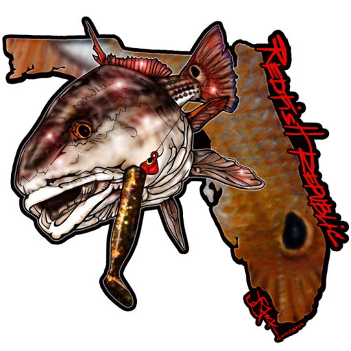 Redfish Republic Sticker: Black background with handwritten redfish republic in red, redfish with DOA lure in mouth, and florida state shape filled with redfish scales and spot. Sticker diecut around illustrations.