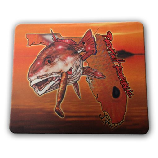 Redfish Republic Mouse Pad:Sunset water/mangroves background with overlaid design of handwritten redfish republic in red, redfish with DOA lure in mouth, and florida state shape filled with redfish scales and spot.