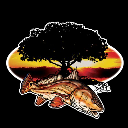 Redfish Roots Sticker: White background with sunset photo over mangroves. On top of that is a silhouette of a mangrove tree and color illustration of a redfish. Sticker diecut around illustrations.