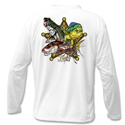 Sheriff Microfiber Back: White long sleeve with gold sheriff badge and color illustrations of tarpon, mahi mahi, redfish, and lobster coming out of middle.