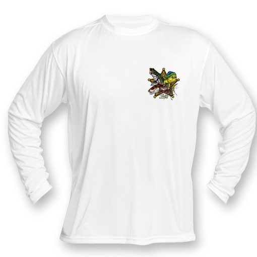 Sheriff Microfiber Front: White long sleeve with gold sheriff badge and color illustrations of tarpon, mahi mahi, redfish, and lobster coming out of middle on left chest