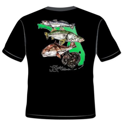 Florida Slam Youth Shirt Back: black shirt with color trout, snook, redfish, and flounder illustrations on-top of florida shape.