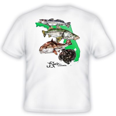 Florida Slam Shirt Back: White long sleeve with color trout, snook, redfish, and flounder illustrations on-top of florida shape.