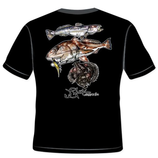 Gulf Slam Youth Shirt Back: Black shirt with color illustrations of trout, redfish, and flounder.