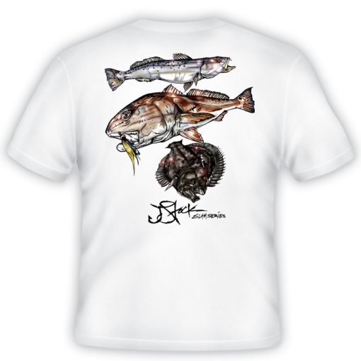 Gulf Slam Youth Shirt Back: White shirt with color illustrations of trout, redfish, and flounder.