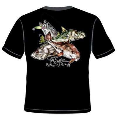 Inshore Slam Youth Shirt Back: Black shirt with color illustrations of redfish, snook, tarpon, and trout with lure.