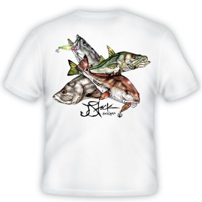 Inshore Slam Youth Shirt Back: White shirt with color illustrations of redfish, snook, tarpon, and trout with lure.