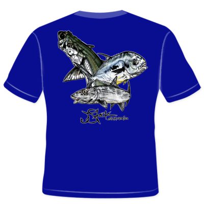 Keys Slam Youth Shirt Back: Blue shirt with color illustrations of jumping tarpon, permit, and bonefish.