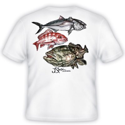 Offshore Slam Shirt: White Shirt with color illustrations of Amberjack, Red Snapper, and Grouper