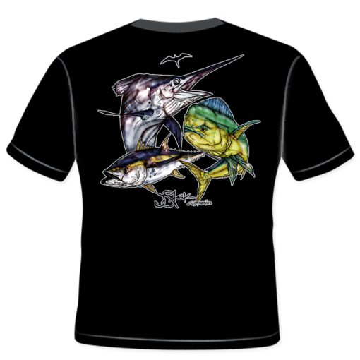 Pelagic Slam Shirt: Black shirt with color illustration of sailfish, mahi mahi, and yellowfin tuna.