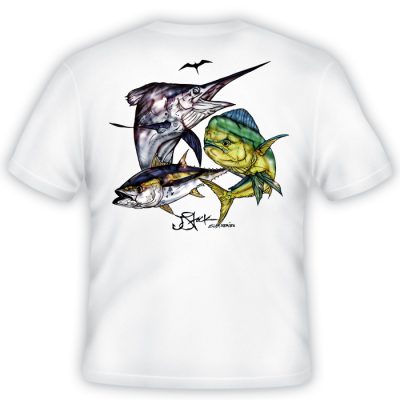 Pelagic Slam Shirt Back: White shirt with color illustration of sailfish, mahi mahi, and yellowfin tuna.