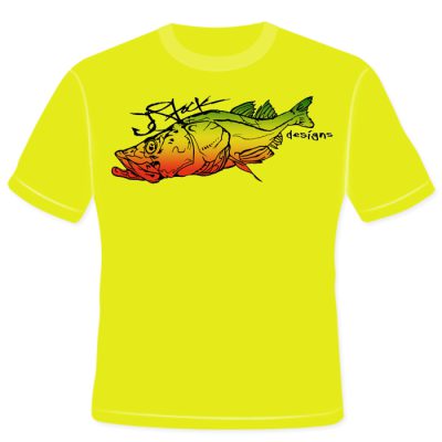 Rasta Snook Shirt: Yellow shirt with snook drawing filled with green, yellow, red gradient (top to bottom) across the chest