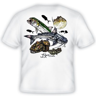 Trash Can Slam Shirt Back: White shirt with color illustrations of Catfish, Dogfish, Lizardfish, Blowfish and Ladyfish.