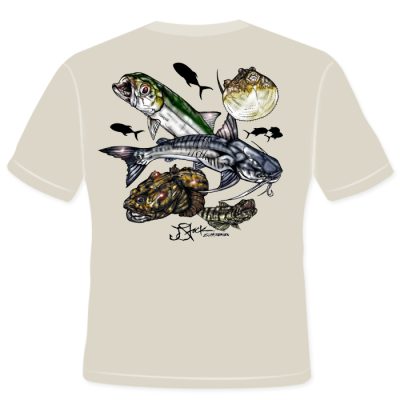 Trash Can Slam Shirt Back: Sand shirt with color illustrations of Catfish, Dogfish, Lizardfish, Blowfish and Ladyfish.