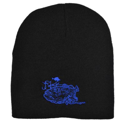 Grouper Beanie: Black skullcap with blue JStock designs Grouper logo embroidered