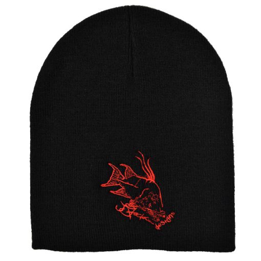 Hogfish Beanie: Black skullcap with red JStock designs Hogfish logo embroidered