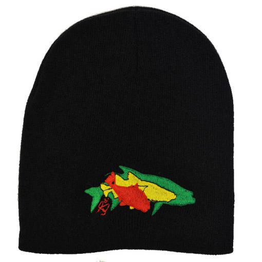 Takin' it Easy Beanie: Black skullcap with overlapping redfish silhouette in red, snook silhouette in yellow, and tarpon silhouette in green