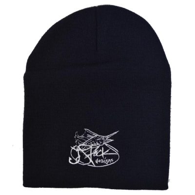 Sailfish Beanie: Black skullcap with white JStock designs Sailfish logo embroidered