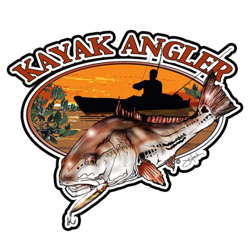 Kayak Fishing Sticker: Kayak Angler type arced over oval sunset photo with silhouette of person fishing from a kayak and a color illustration of a redfish. Sticker diecut around illustrations.