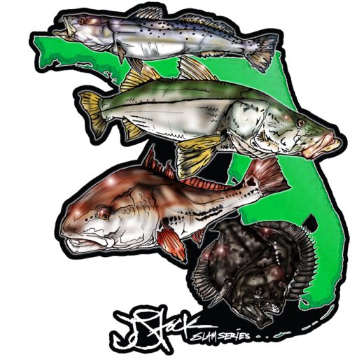 Florida Slam Sticker: Black background with color trout, snook, redfish, and flounder illustrations on-top of florida shape. Sticker diecut around illustrations.