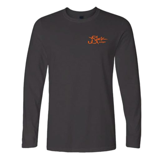 Tailin Red Microfiber Front: Dark grey long sleeve with orange JStock designs logo silkscreened left chest