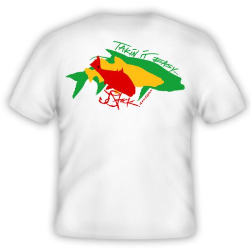 Takin it Easy Shirt Back: white shirt with overlapping redfish silhouette in red, snook silhouette in yellow, and tarpon silhouette in green