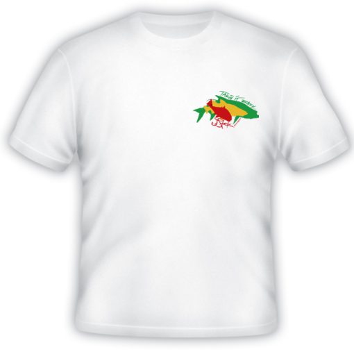 Takin' it Easy Shirt Front: white shirt with overlapping redfish silhouette in red, snook silhouette in yellow, and tarpon silhouette in green on left chest