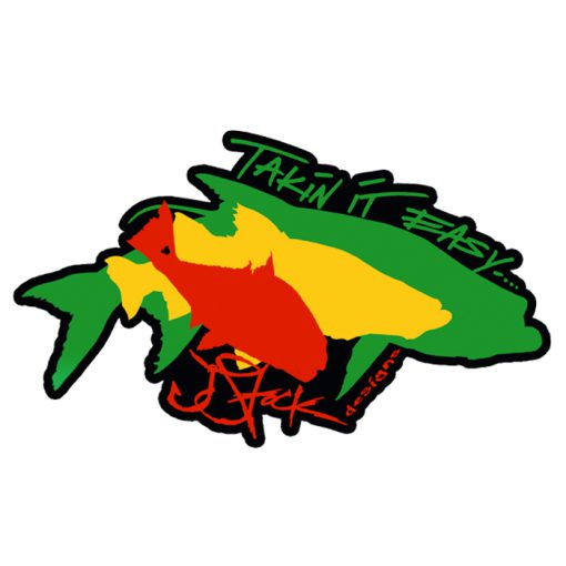 Takin it Easy Sticker: Black background with overlapping redfish silhouette in red, snook silhouette in yellow, and tarpon silhouette in green. Sticker diecut around illustrations.