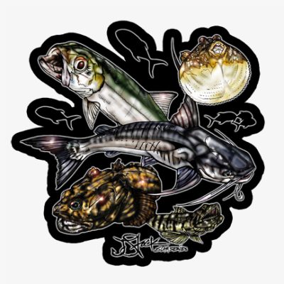 Trash Can Slam Sticker: Black sticker with color illustrations of Catfish, Dogfish, Lizardfish, Blowfish and Ladyfish. Sticker diecut around illustrations.