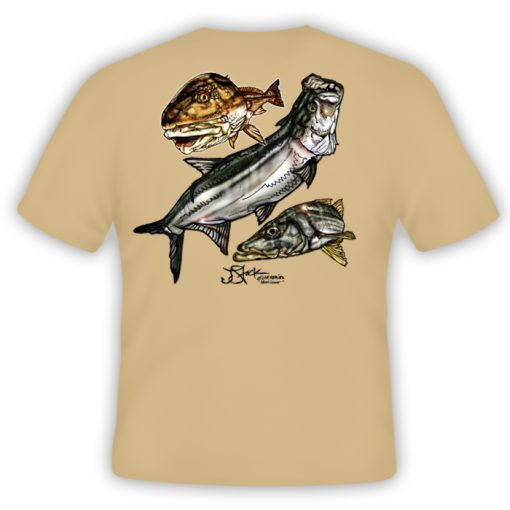 West Coast Slam Shirt: Tan shirt with color illustrations of redfish, tarpon, and snook.