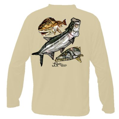 West Coast Slam Microfiber Back: sand long sleeve with color illustrations of redfish, tarpon, and snook.