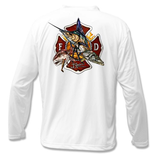 Firefighter Microfiber Back: White shirt with maltese cross with sailfish, redfish, and snook illustrations coming out of middle.