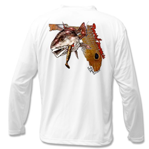 Redfish Republic Microfiber Back: White long sleeve with handwritten redfish republic in red, redfish with DOA lure in mouth, and florida state shape filled with redfish scales and spot.