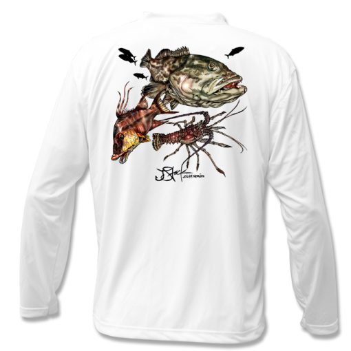 Dive Slam Microfiber Back: White long sleeve with color grouper, hogfish, and lobster illustrations.