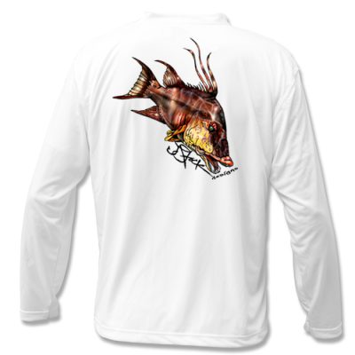 Hogfish Microfiber Back: white long sleeve with color illustration of a hogfish.