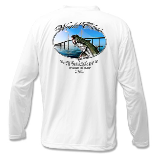 Poonage Microfiber Back: White long sleeve with type “world class poonage” around oval photo of tarpon jumping for baitfish in from of skyway bridge.