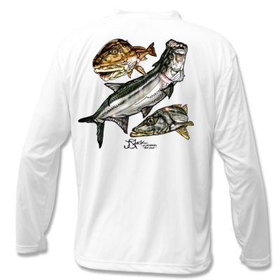 West Coast Slam Microfiber Back: White long sleeve with color illustrations of redfish, tarpon, and snook.